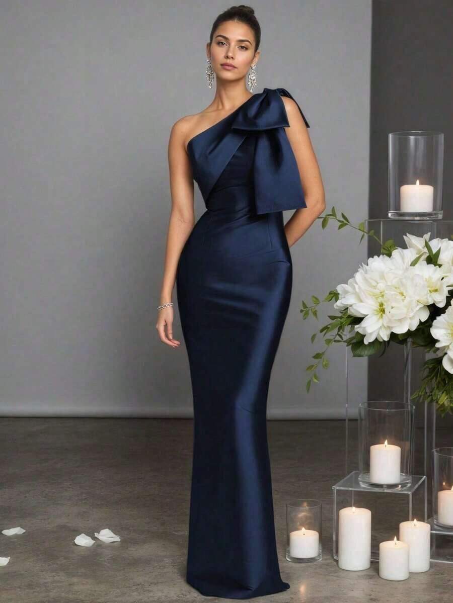 Elegant Sheath One-Shoulder Bow Detail Navy Blue Floor-Length Prom Dress