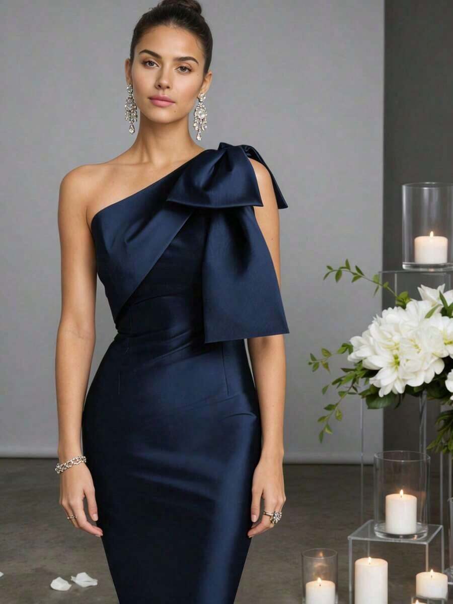 Elegant Sheath One-Shoulder Bow Detail Navy Blue Floor-Length Prom Dress