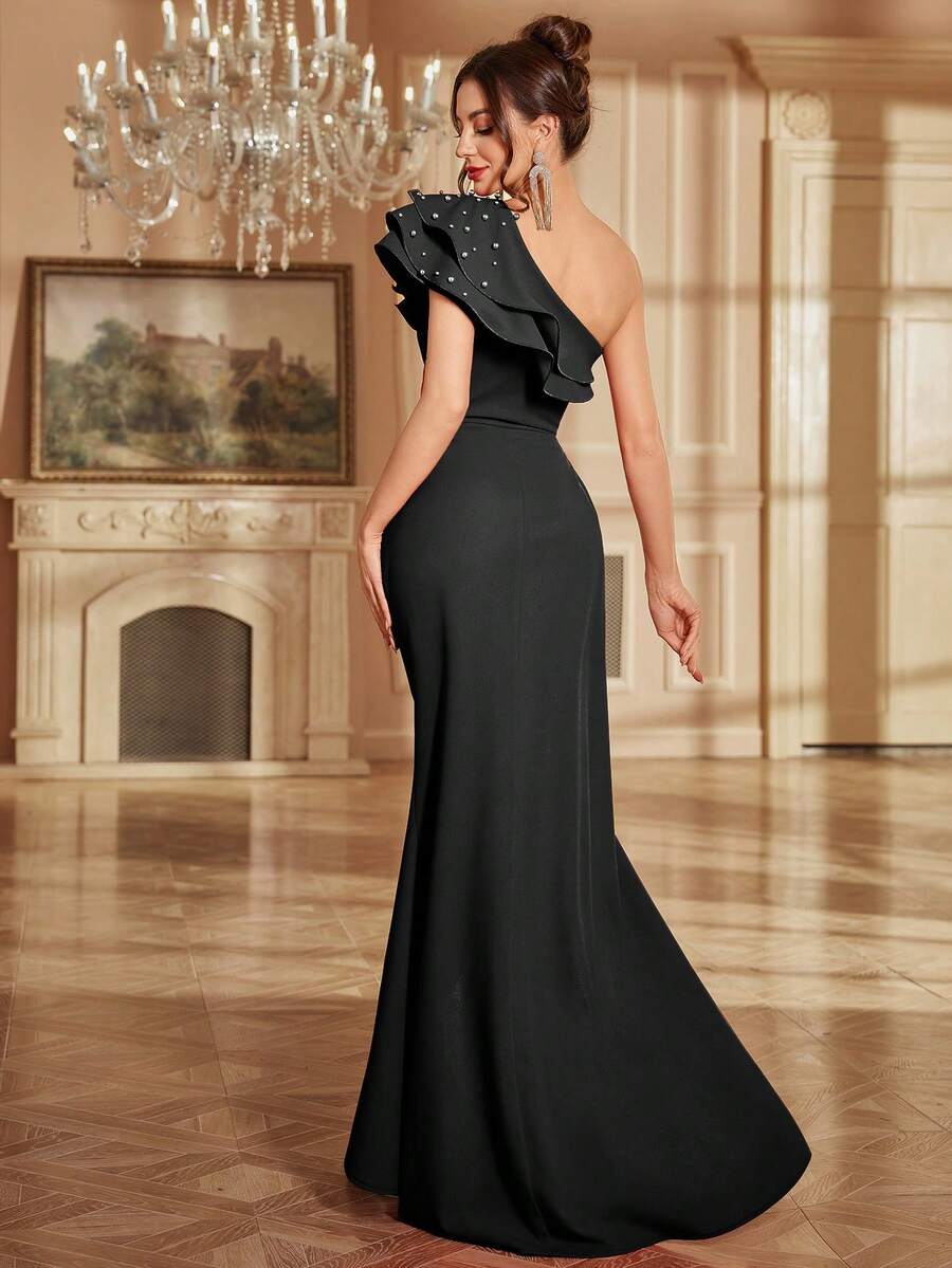 Elegant Sheath One-Shoulder Ruffled Beaded Black Floor-Length Prom Dress