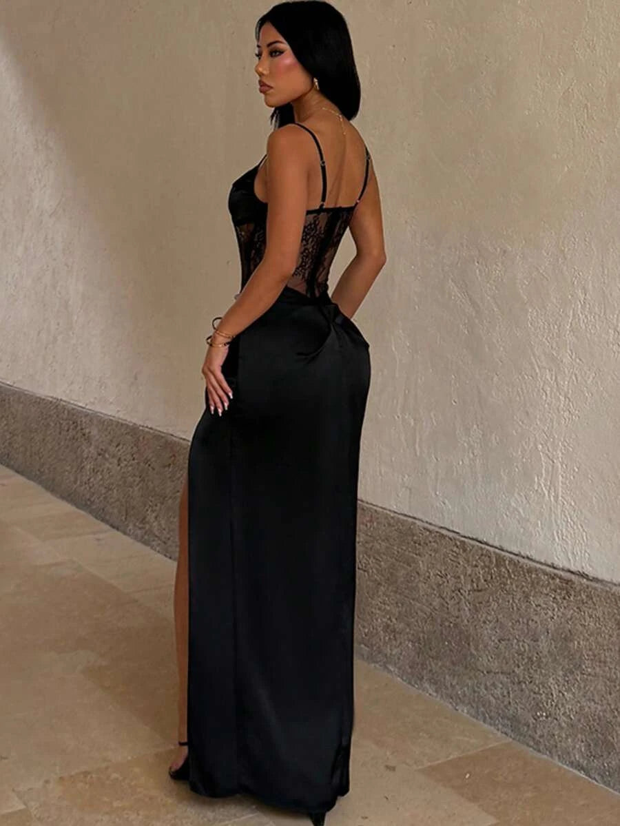 Elegant Sheath Spaghetti Straps Lace Bodice High Slit Black Floor-Length Prom Dress