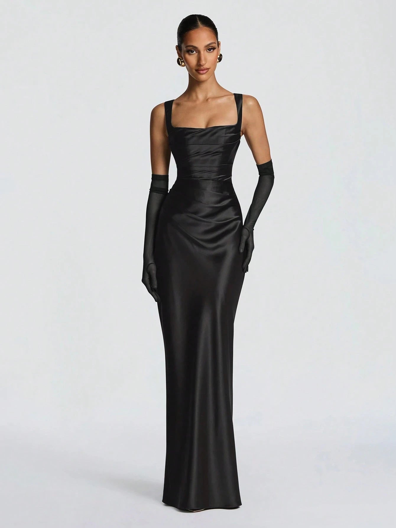 Elegant Sheath Square Neck Ruched Lace-Up Satin Black Floor-Length Prom Dress
