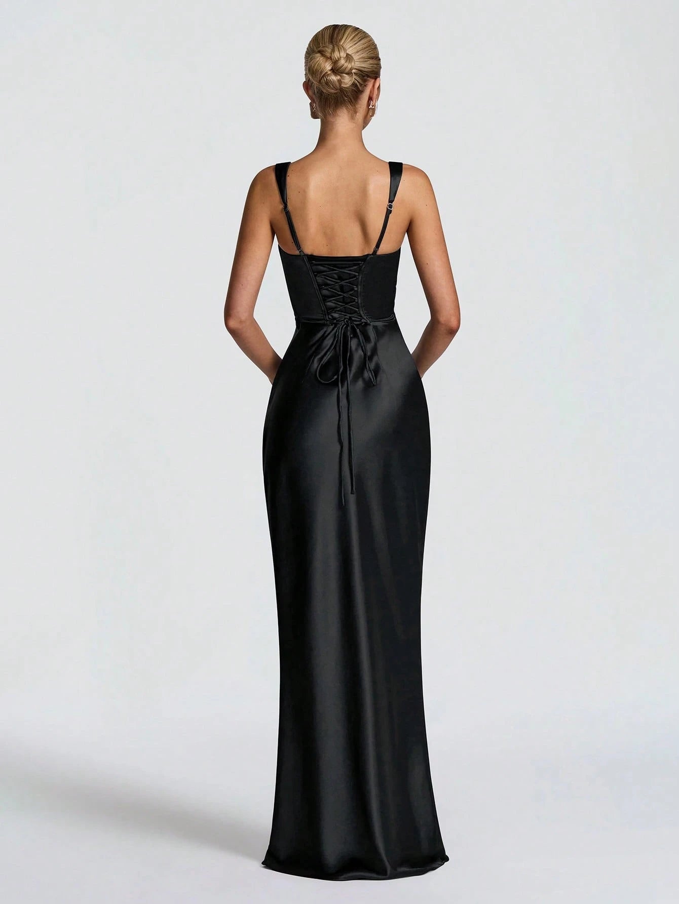 Elegant Sheath Square Neck Ruched Lace-Up Satin Black Floor-Length Prom Dress