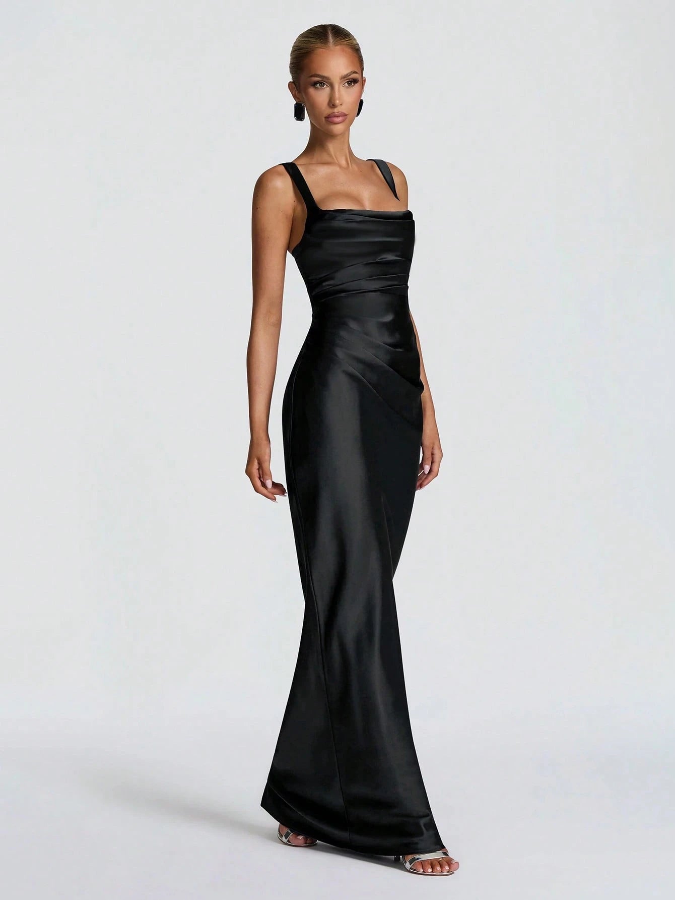 Elegant Sheath Square Neck Ruched Lace-Up Satin Black Floor-Length Prom Dress