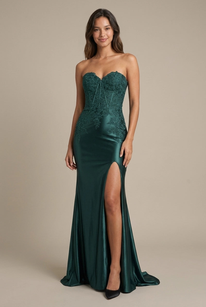 Elegant Sheath Strapless Corset Appliques Embroidered Slit Emerald Green Floor-Length Prom Dress