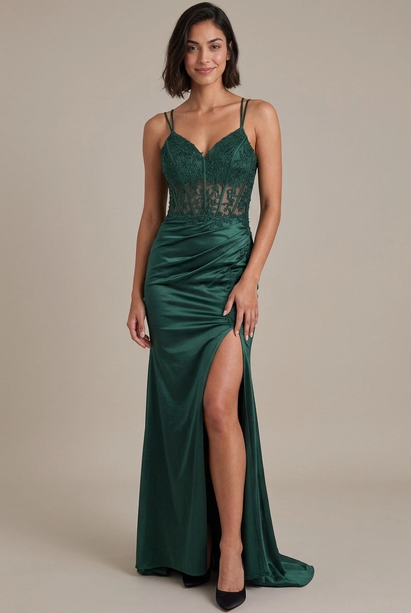 Elegant Sheath Sweetheart Corset Appliques High Slit Emerald Green Floor-Length Prom Dress