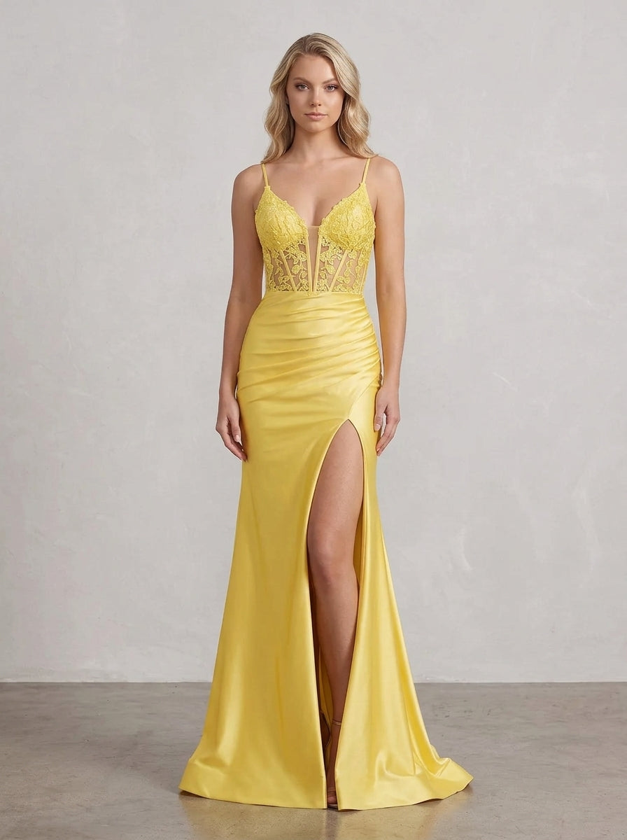 Elegant Sheath Sweetheart Lace Bodice Ruched Slit Yellow Floor-Length Prom Dress