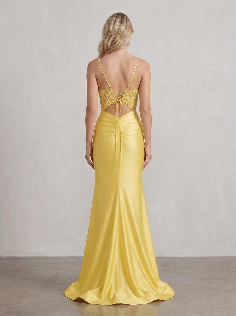 Elegant Sheath Sweetheart Lace Bodice Ruched Slit Yellow Floor-Length Prom Dress