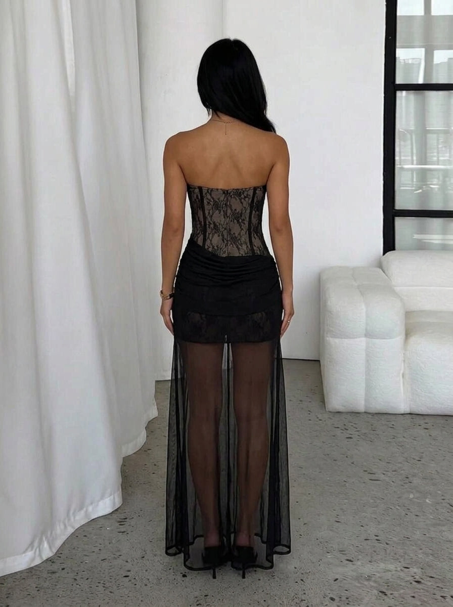 Elegant Sheath Sweetheart Strapless Corset High-Slit Black Floor-Length Prom Dress