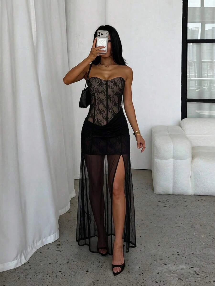 Elegant Sheath Sweetheart Strapless Corset High-Slit Black Floor-Length Prom Dress
