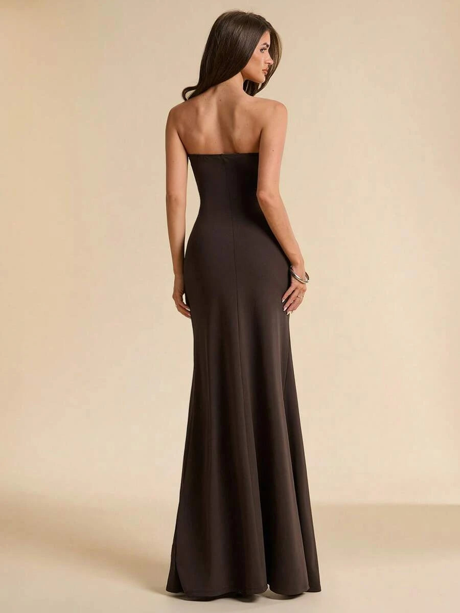 Elegant Sheath Sweetheart Twisted Front High Slit Dark Brown Floor-Length Prom Dress