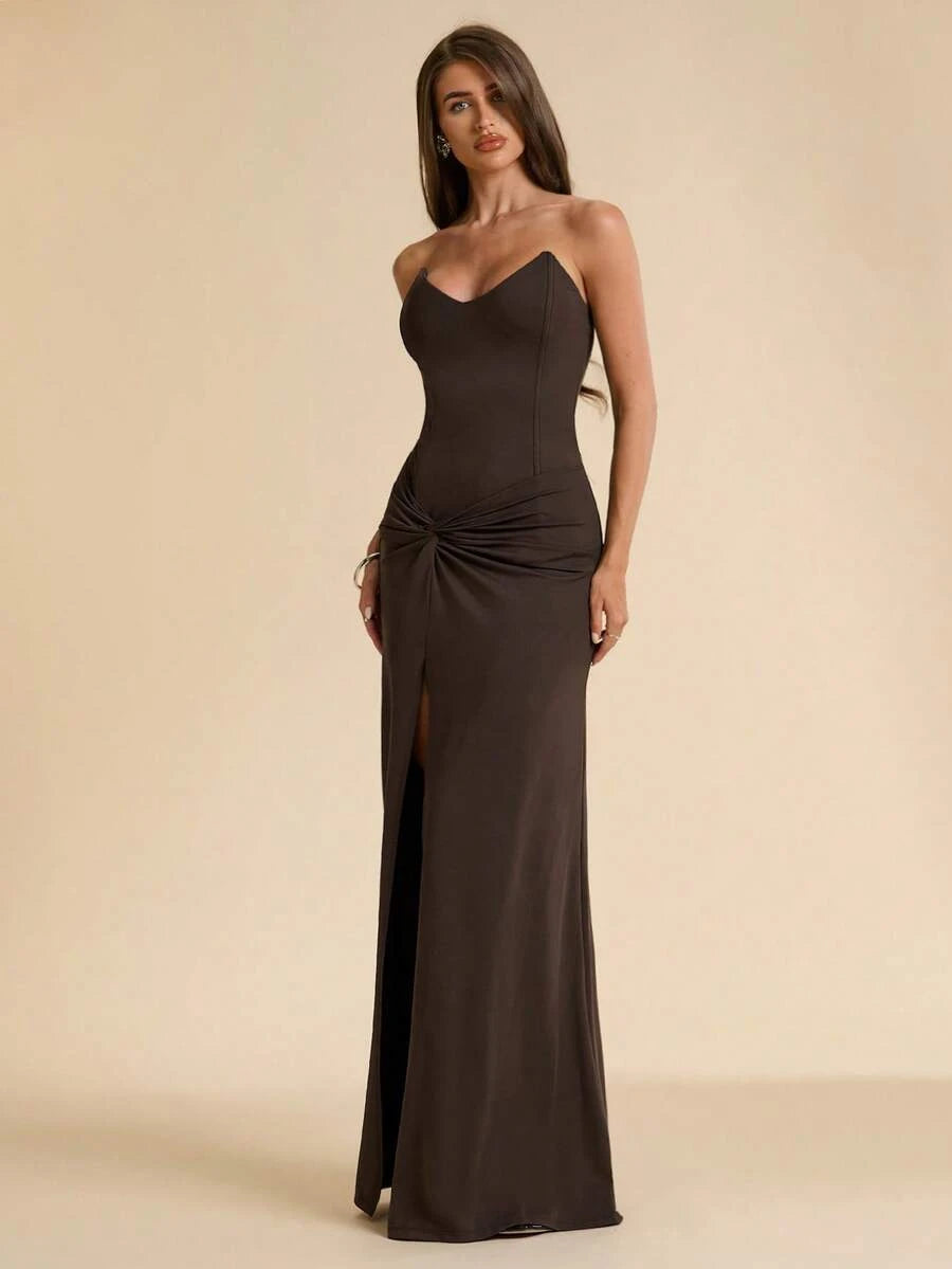 Elegant Sheath Sweetheart Twisted Front High Slit Dark Brown Floor-Length Prom Dress