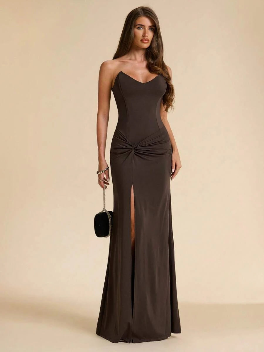 Elegant Sheath Sweetheart Twisted Front High Slit Dark Brown Floor-Length Prom Dress