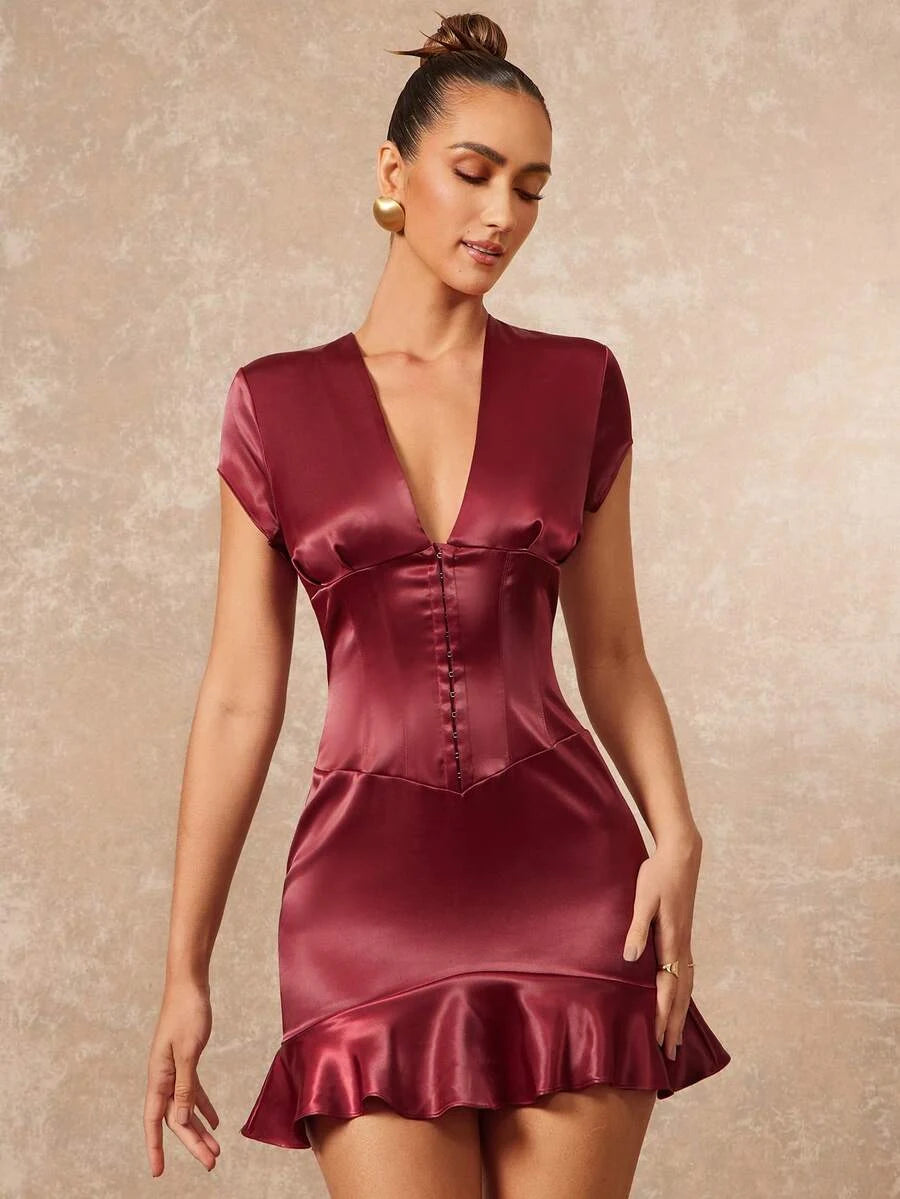 Elegant Sheath V-Neck Short Sleeve Corset Waist Ruffled Hem Satin Burgundy Mini Homecoming Dress