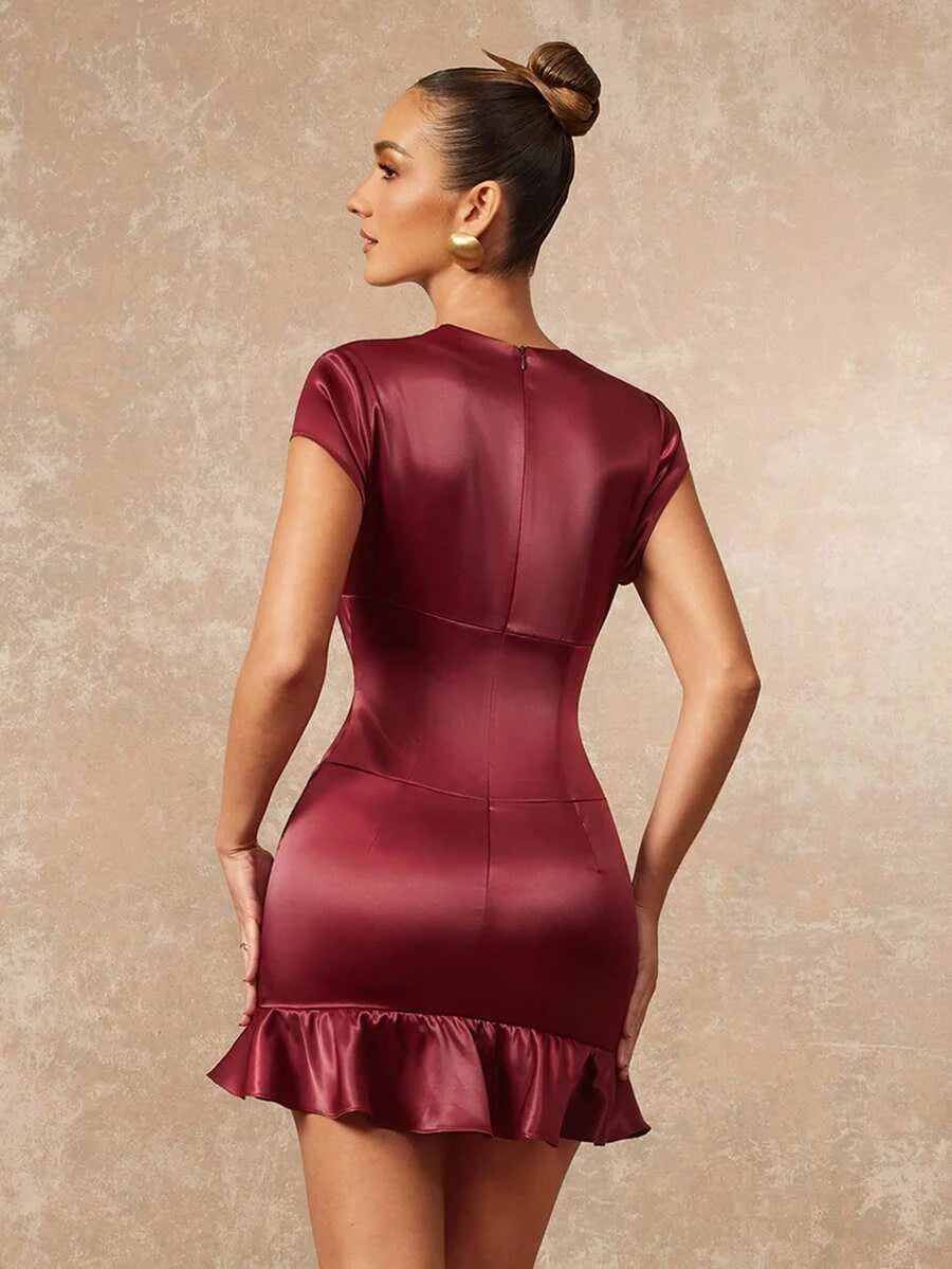 Elegant Sheath V-Neck Short Sleeve Corset Waist Ruffled Hem Satin Burgundy Mini Homecoming Dress