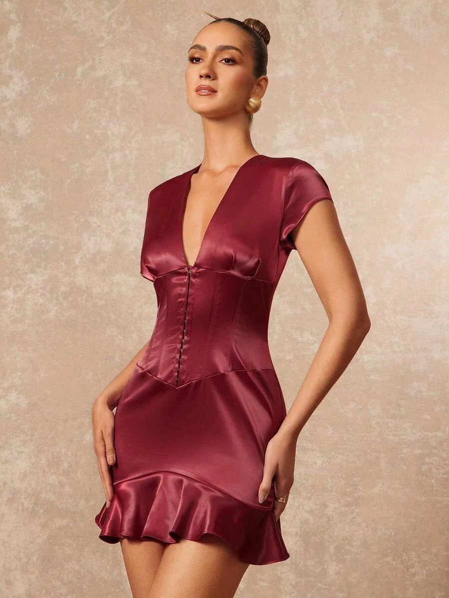 Elegant Sheath V-Neck Short Sleeve Corset Waist Ruffled Hem Satin Burgundy Mini Homecoming Dress