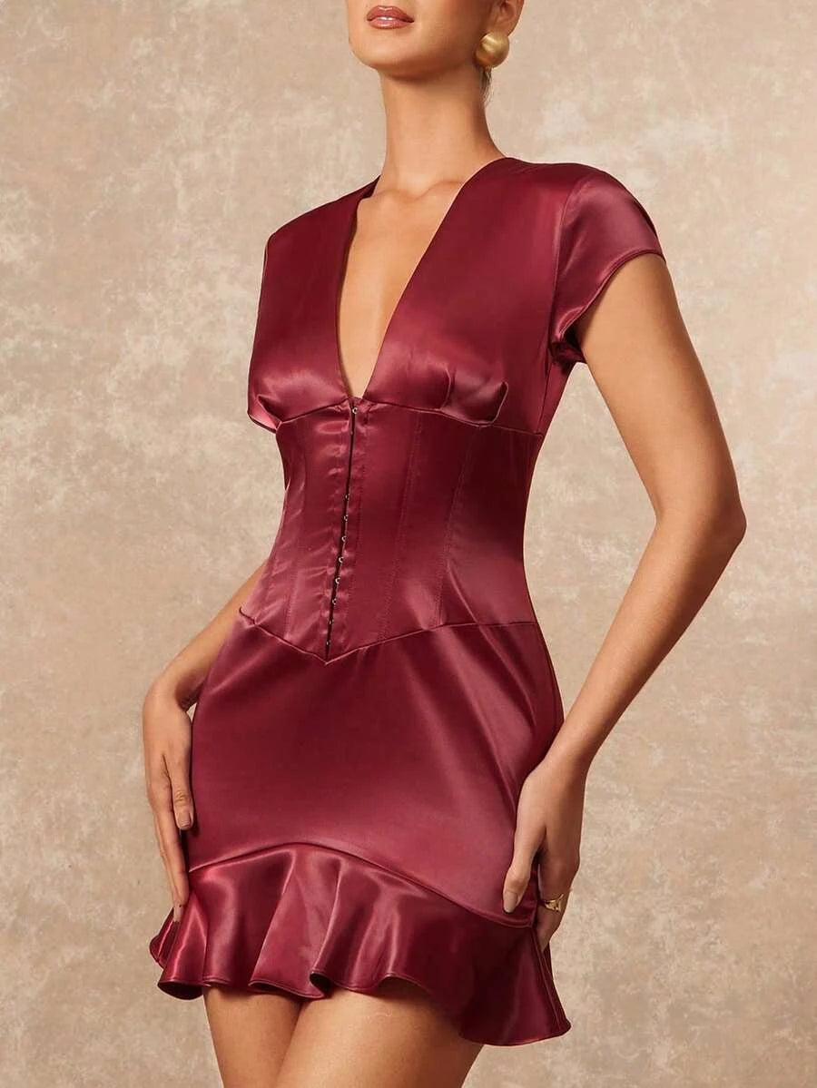 Elegant Sheath V-Neck Short Sleeve Corset Waist Ruffled Hem Satin Burgundy Mini Homecoming Dress