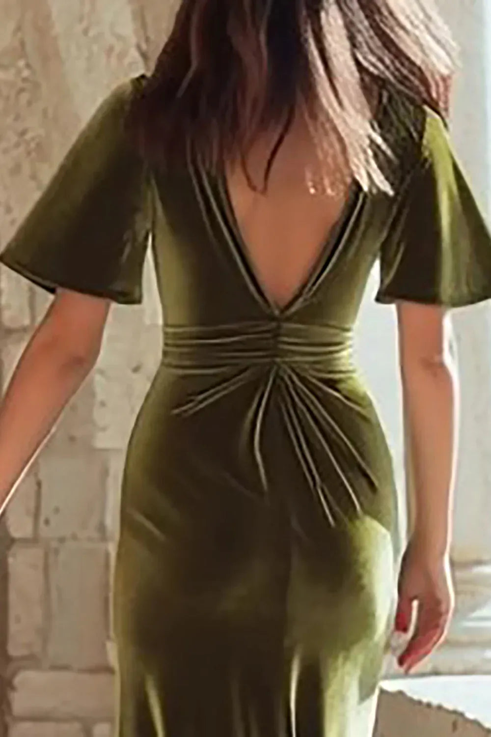 Elegant Sheath V Neck Short Sleeve Velvet Pleated Floor-Length Party Dress