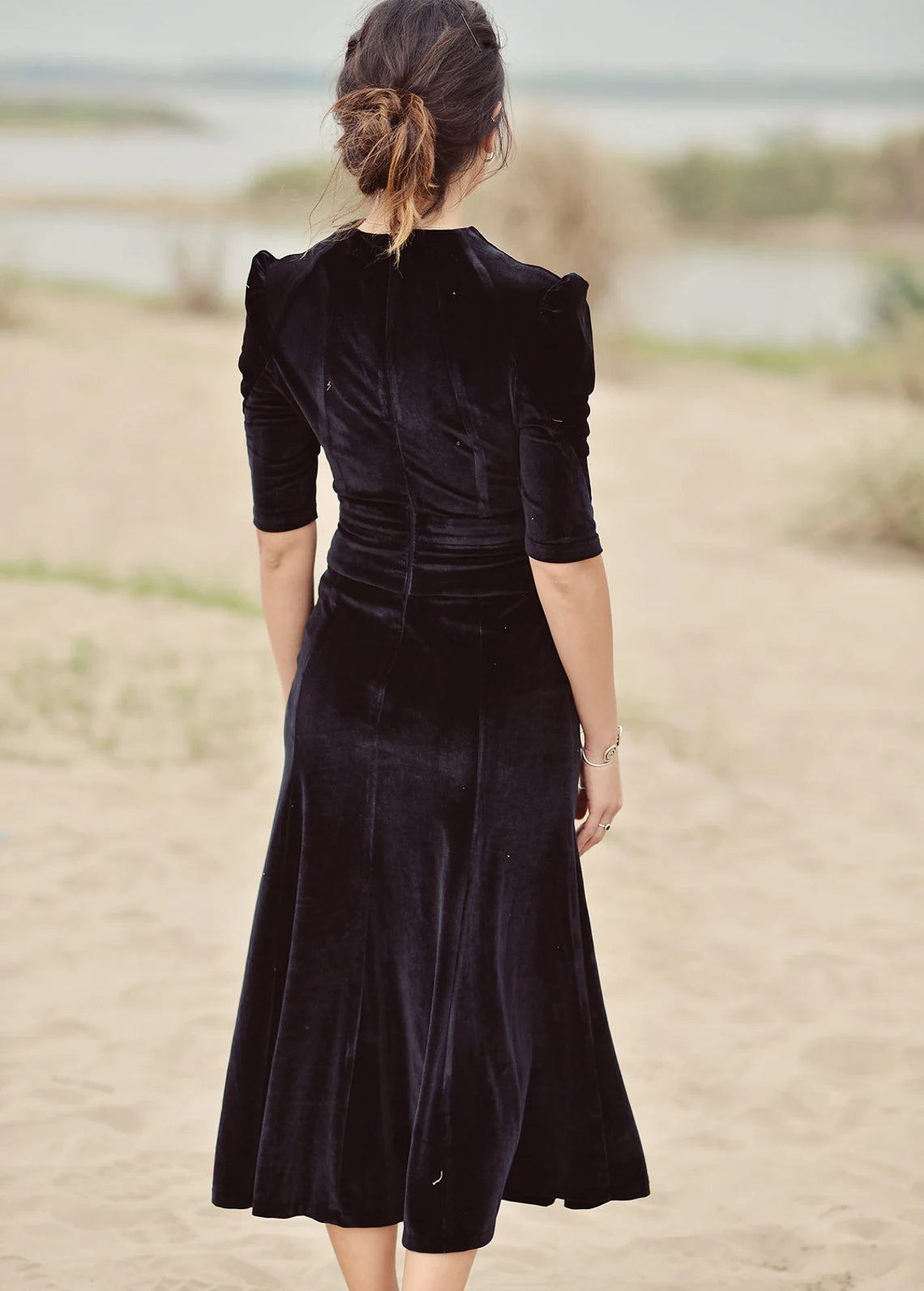 Elegant Short Sleeves Evening Dress Velvet Dress Black Women Velvet Dress Velvet Formal Dress