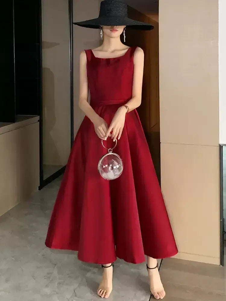 Elegant Square Neck Sleeveless A-Line Pleated Satin Ankle Length Party Dress