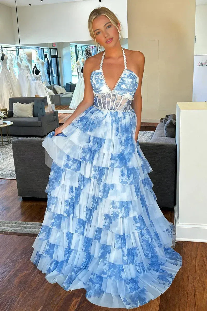 Elegant Tiered Halter Sleeveless Tulle A-Line Prom Dress