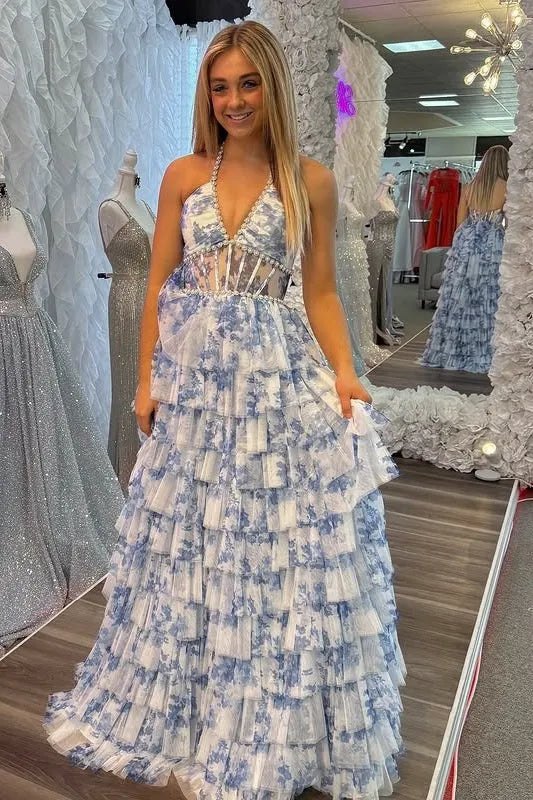 Elegant Tiered Halter Sleeveless Tulle A-Line Prom Dress
