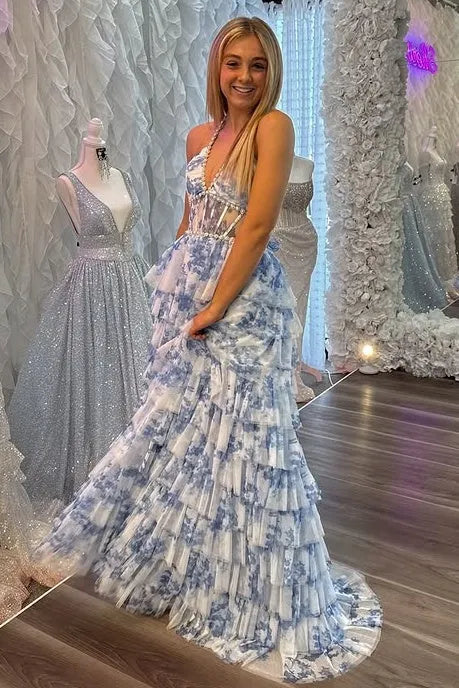 Elegant Tiered Halter Sleeveless Tulle A-Line Prom Dress