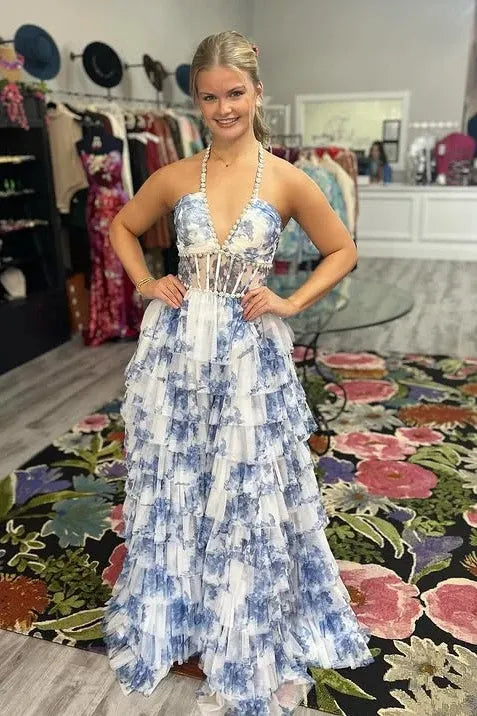 Elegant Tiered Halter Sleeveless Tulle A-Line Prom Dress