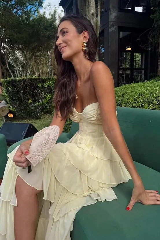 Elegant Tiered Strapless Sleeveless Chiffon Maxi Formal Dress