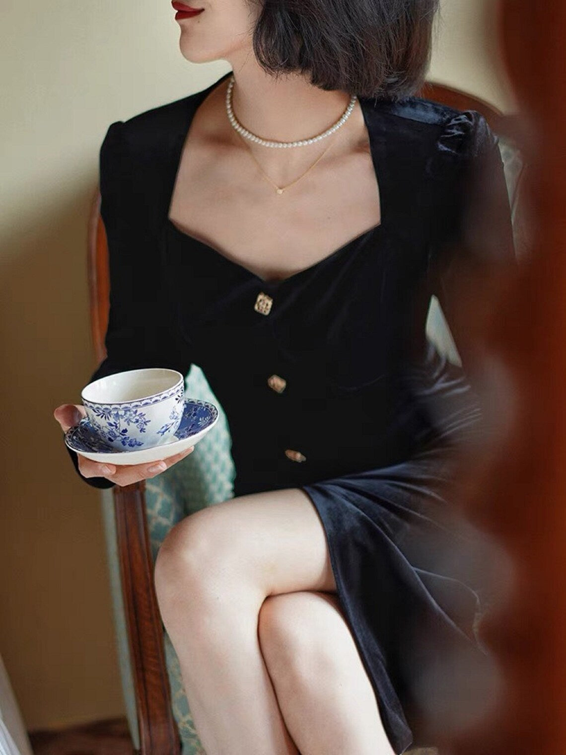 Elegant Velvet Maxi Dress Bridesmaid Dress Long Sleeve dress Winter Sweetheart Neck Dress Vintage Dress