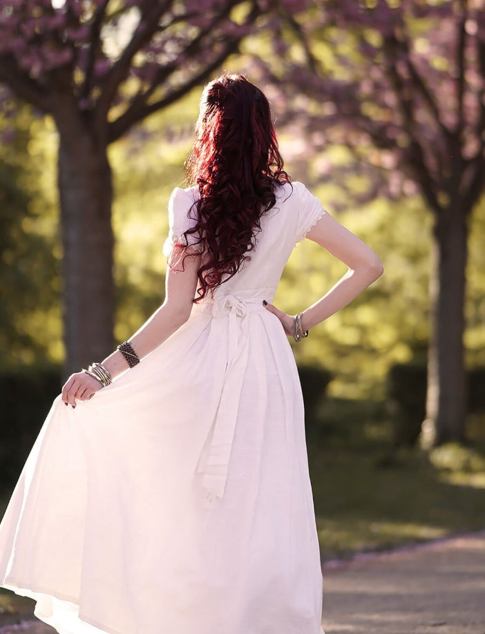 Robe longue blanche élégante de fée, robe de mariée simple, robe longue plissée à col en V, robe de bal trapèze, robe de soirée pour femme 