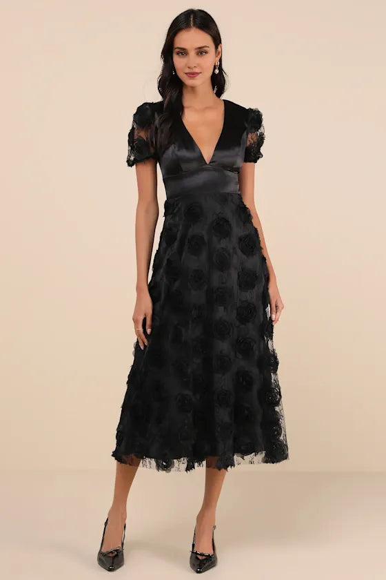 Weitese Formal Women's Dresses Gorgeous Elevation Black Lace Rosette Puff Sleeve Tea-Length Dress Prom Dress Stores