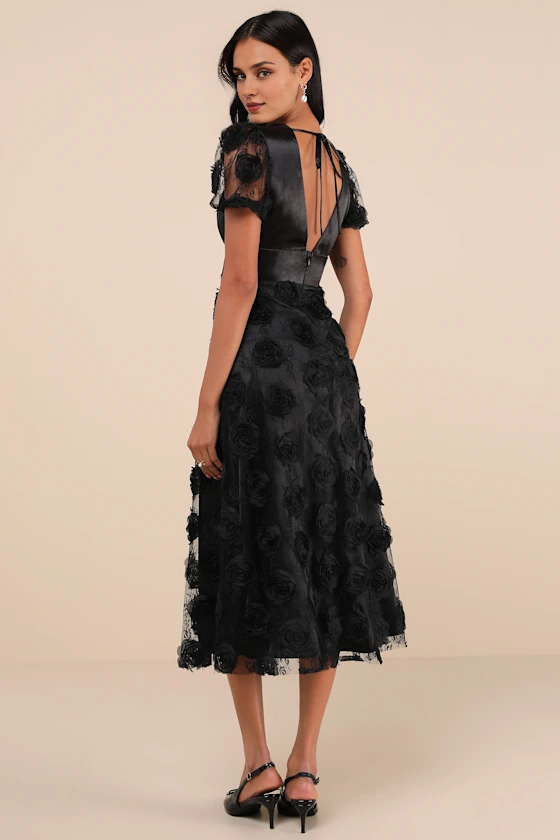 Weitese Formal Women's Dresses Gorgeous Elevation Black Lace Rosette Puff Sleeve Tea-Length Dress Prom Dress Stores