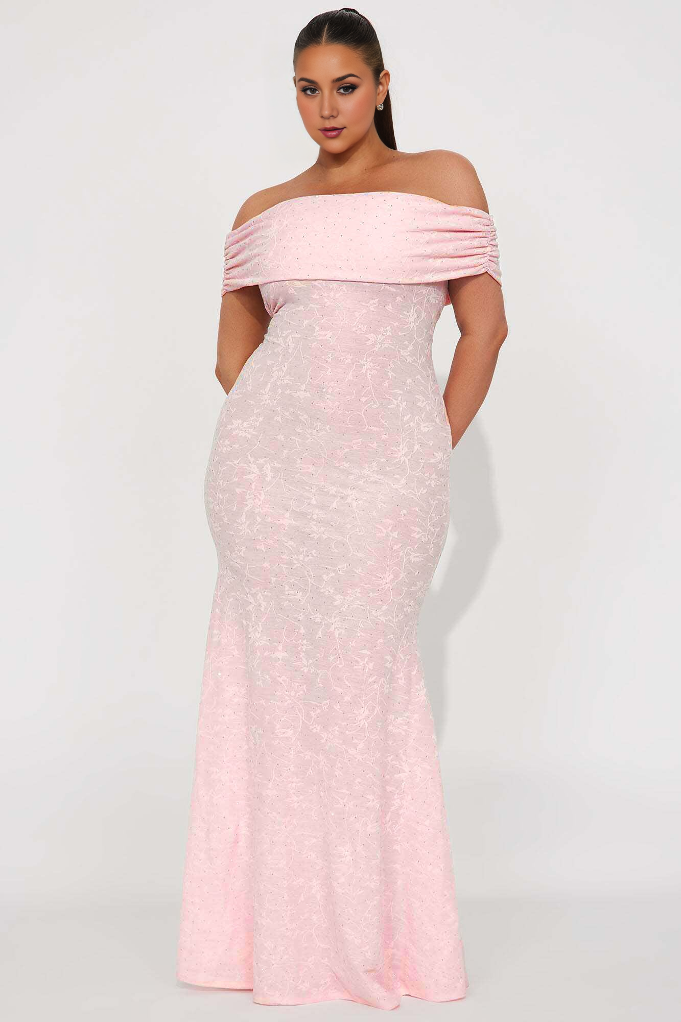 Embellished Maxi Dress Pink Off-the-Shoulder Mermaid Party Dress Sheath Chic