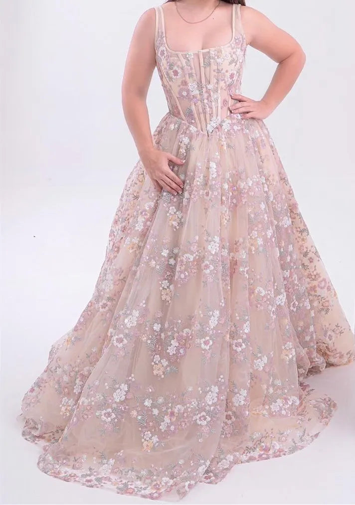 Weitese Retro A Line Square Neck Blush Corset Prom Dress With Embroidery Formal Wear Dresses Prom Dress Stores