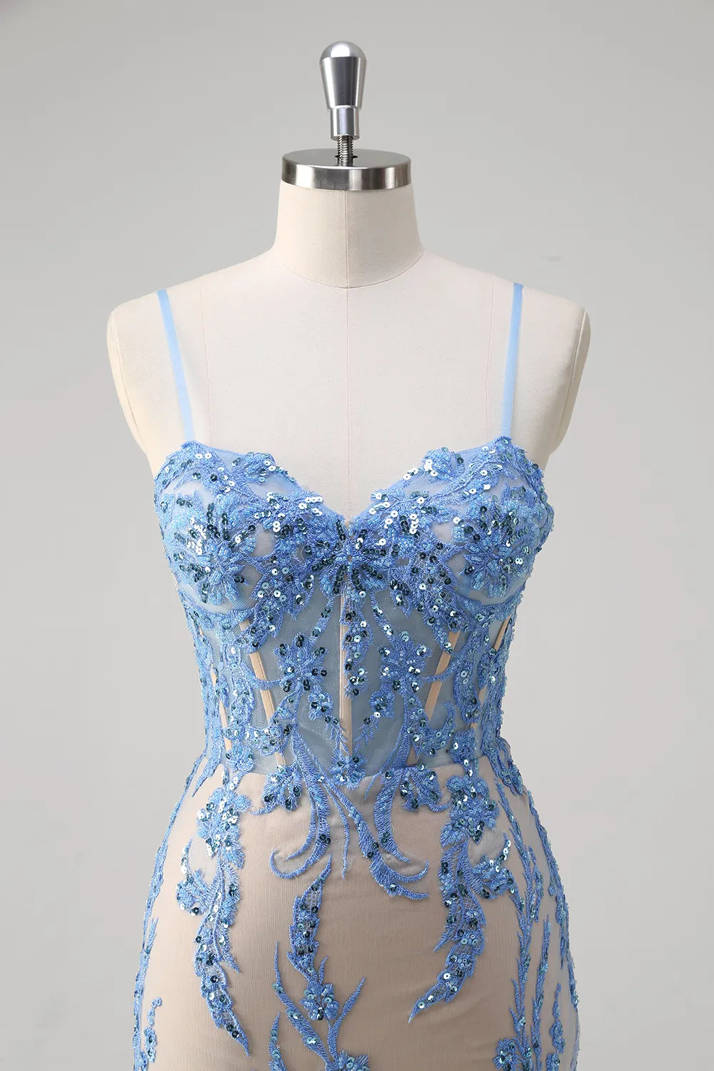 Weitese Prom Dress Store Glitter Blue Spaghetti Straps Embroidery Mermaid Long Corset Prom Dress Formal Women's Dresses