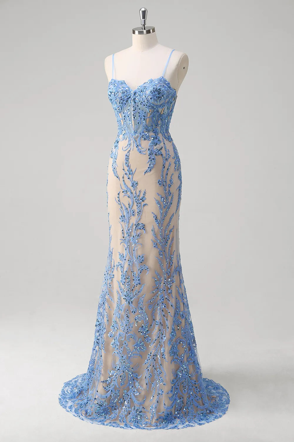 Weitese Prom Dress Store Glitter Blue Spaghetti Straps Embroidery Mermaid Long Corset Prom Dress Formal Women's Dresses