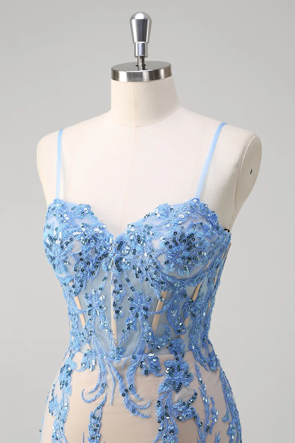 Weitese Prom Dress Store Glitter Blue Spaghetti Straps Embroidery Mermaid Long Corset Prom Dress Formal Women's Dresses