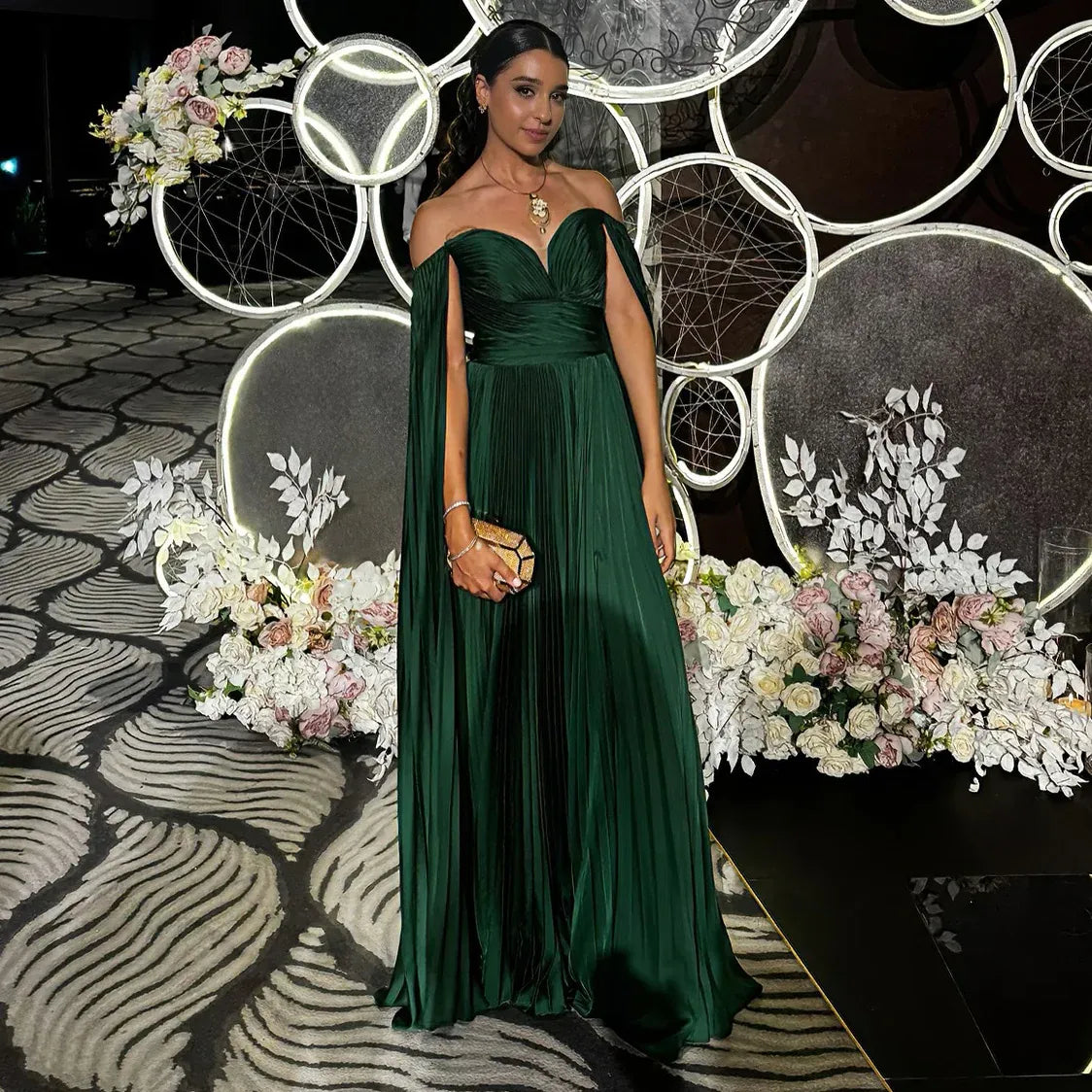 Emerald Green Off Shoulder Deep Pleated Cape Sleeve Satin A-Line Formal Evening Gown