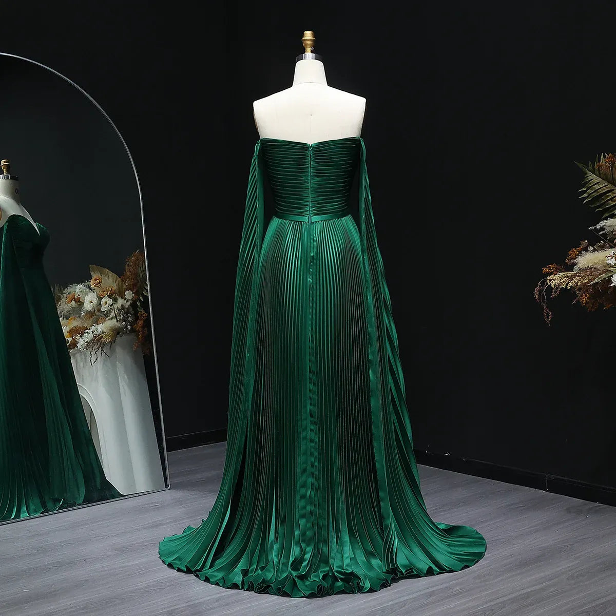 Emerald Green Off Shoulder Deep Pleated Cape Sleeve Satin A-Line Formal Evening Gown