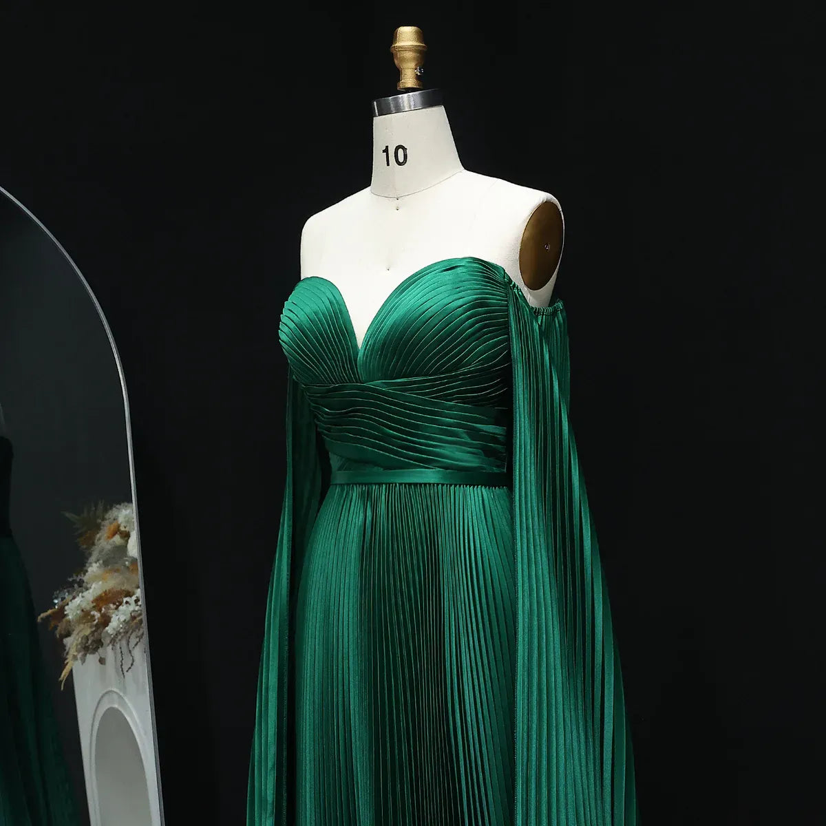 Emerald Green Off Shoulder Deep Pleated Cape Sleeve Satin A-Line Formal Evening Gown