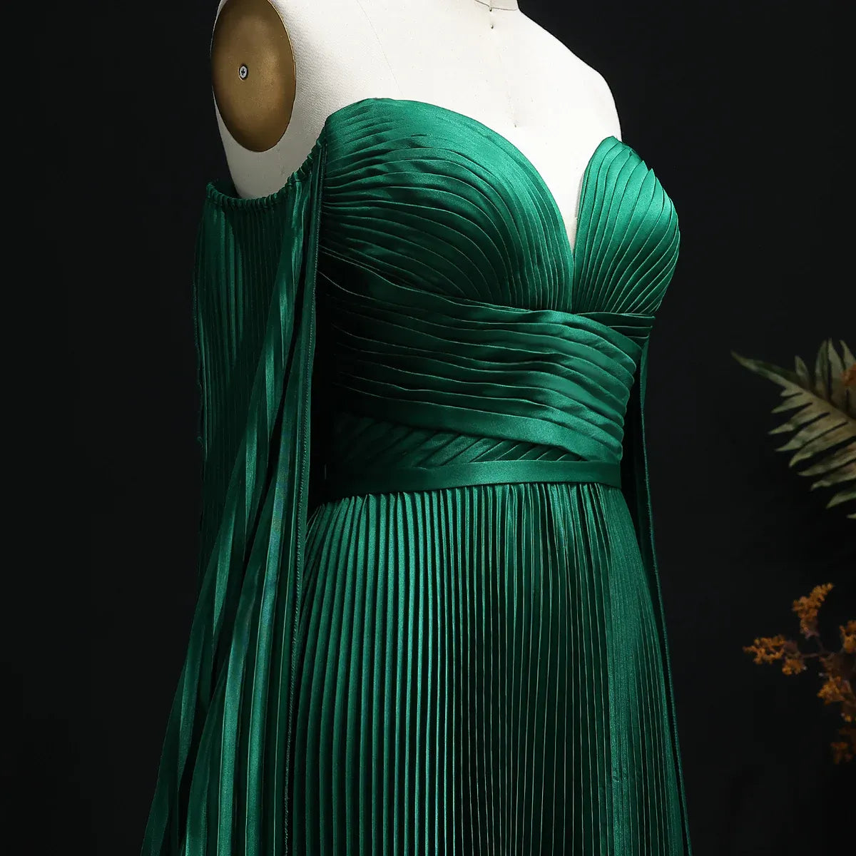Emerald Green Off Shoulder Deep Pleated Cape Sleeve Satin A-Line Formal Evening Gown