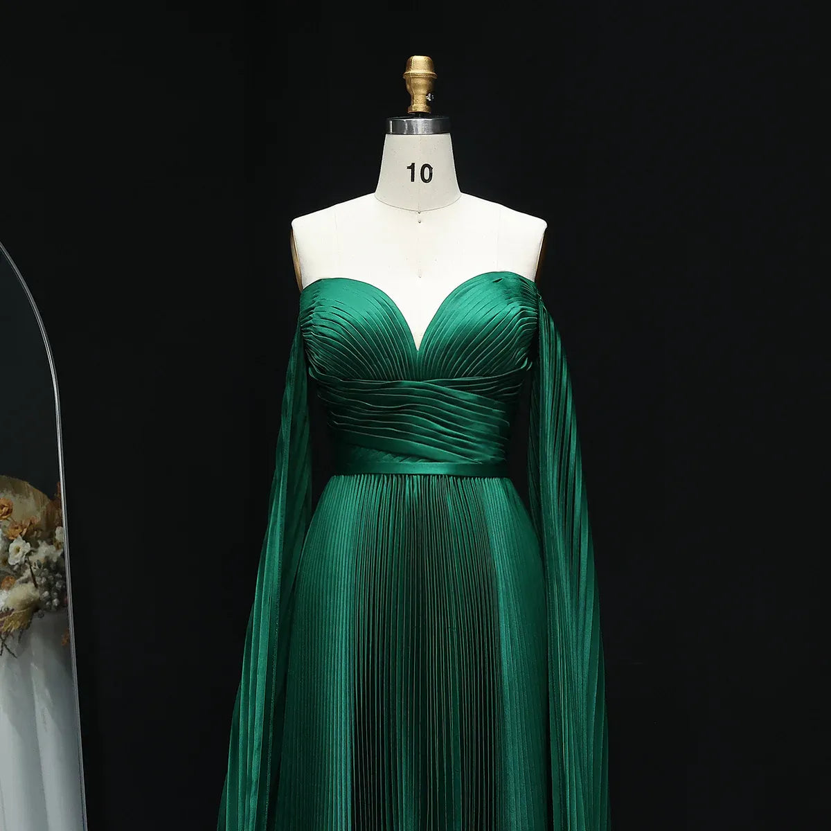 Emerald Green Off Shoulder Deep Pleated Cape Sleeve Satin A-Line Formal Evening Gown
