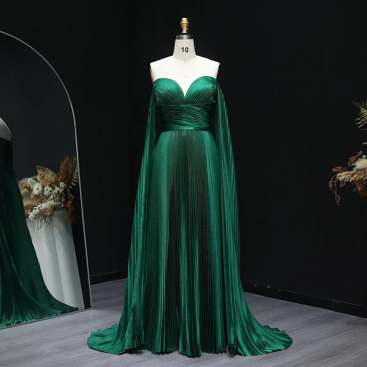 Emerald Green Off Shoulder Deep Pleated Cape Sleeve Satin A-Line Formal Evening Gown