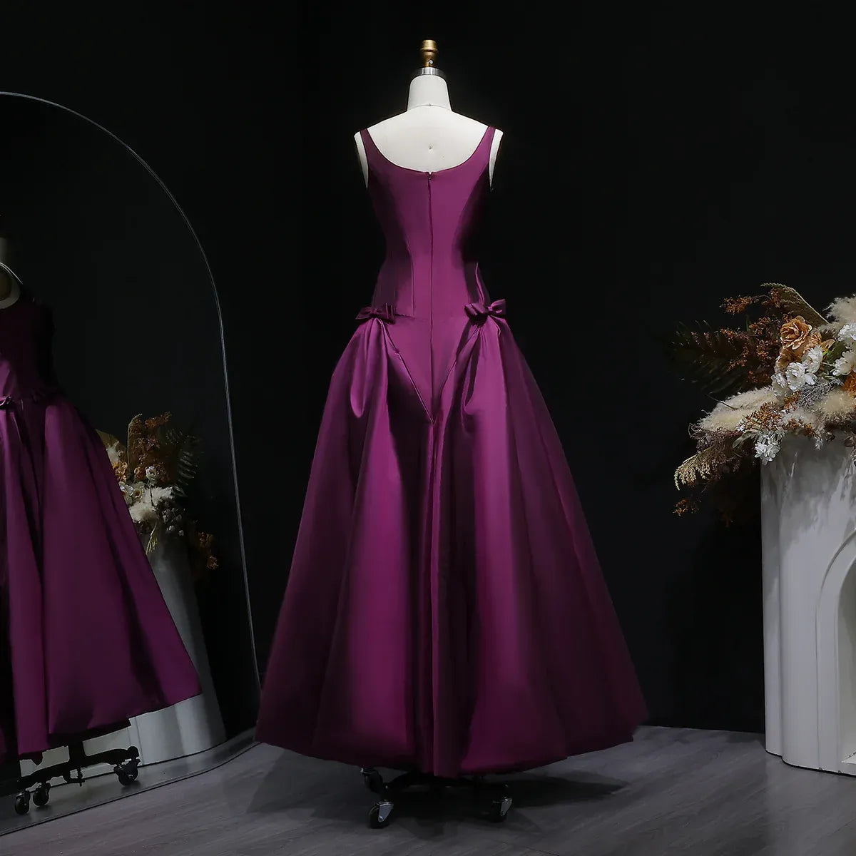 Emerald Green Square Neck Bow Accent Satin A-Line Long Formal Evening Gown