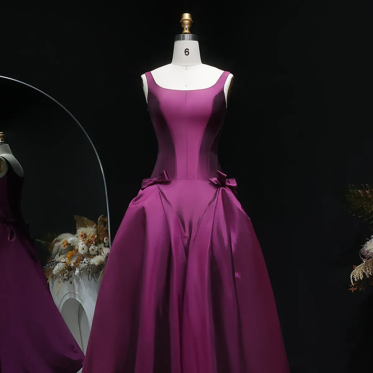 Emerald Green Square Neck Bow Accent Satin A-Line Long Formal Evening Gown