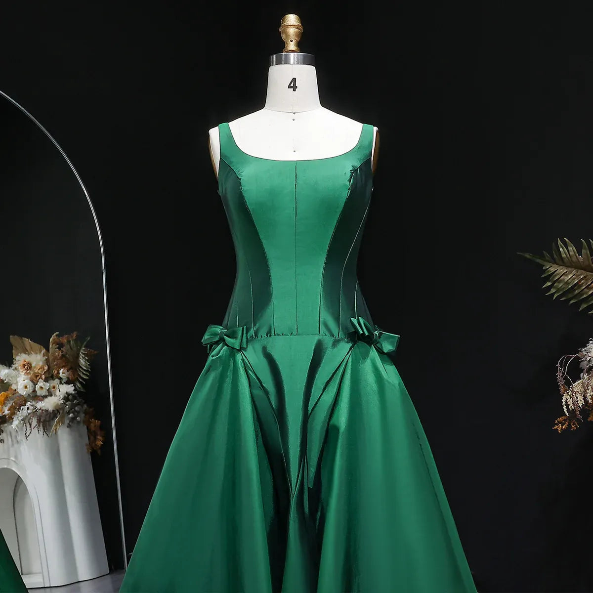 Emerald Green Square Neck Bow Accent Satin A-Line Long Formal Evening Gown