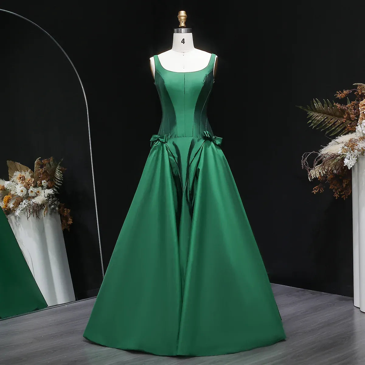 Emerald Green Square Neck Bow Accent Satin A-Line Long Formal Evening Gown