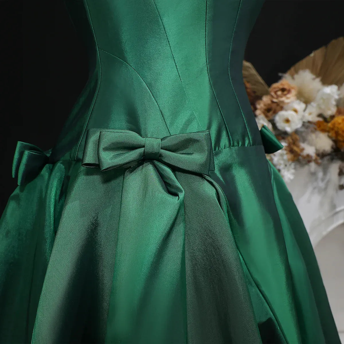 Emerald Green Square Neck Bow Accent Satin A-Line Long Formal Evening Gown