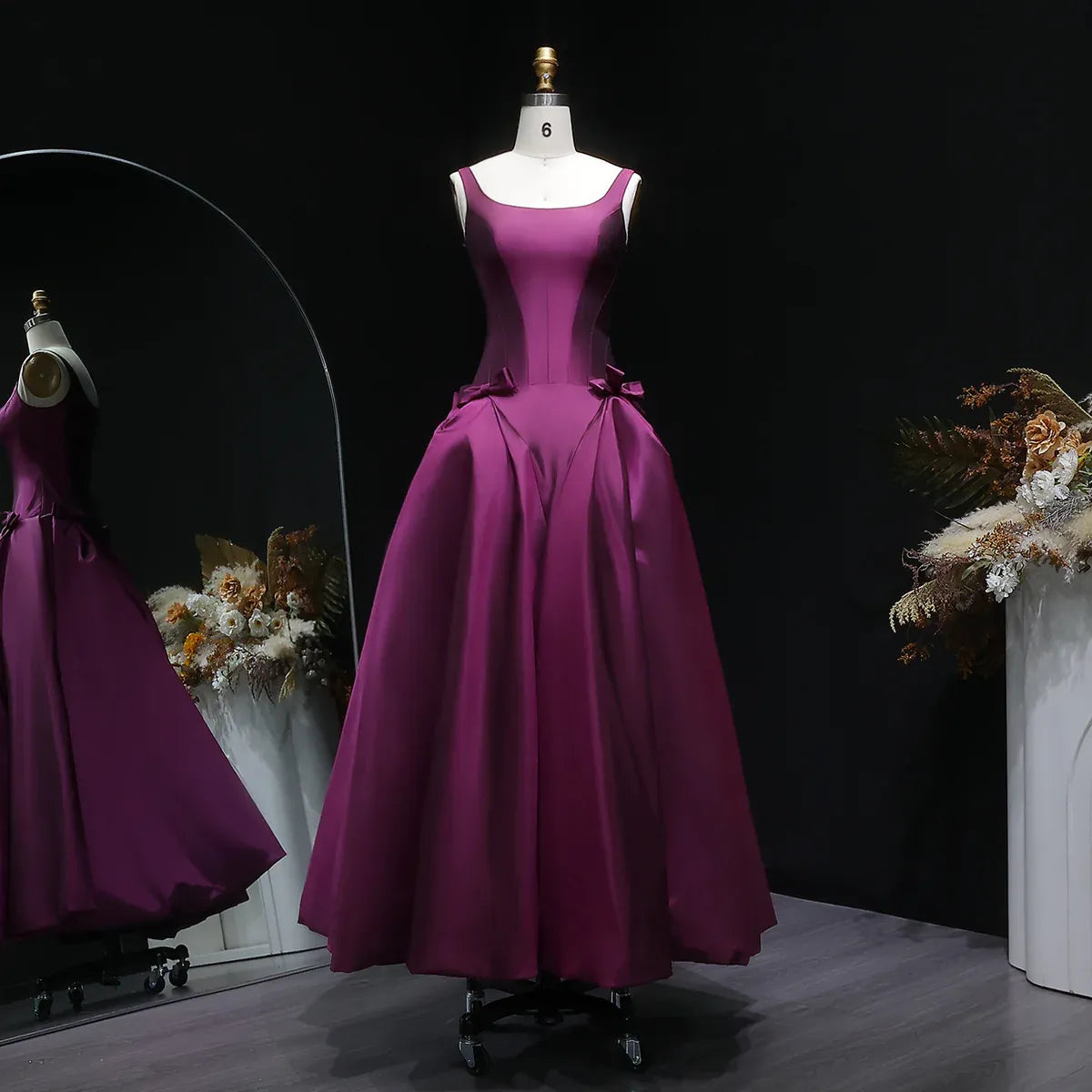 Emerald Green Square Neck Bow Accent Satin A-Line Long Formal Evening Gown