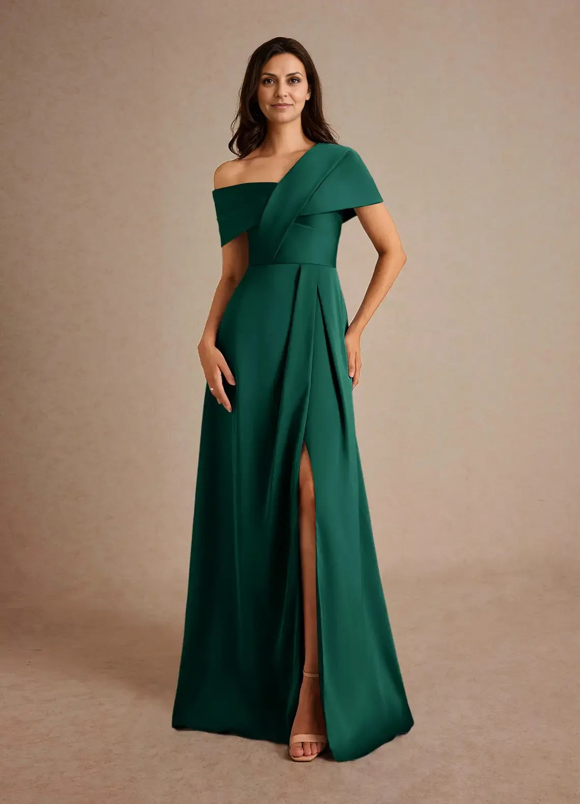 Weitese Dress Champagne A-Line Pleated Satin Maxi Dress Elegant Off the Shoulder Slit Mother of the Bride Dress